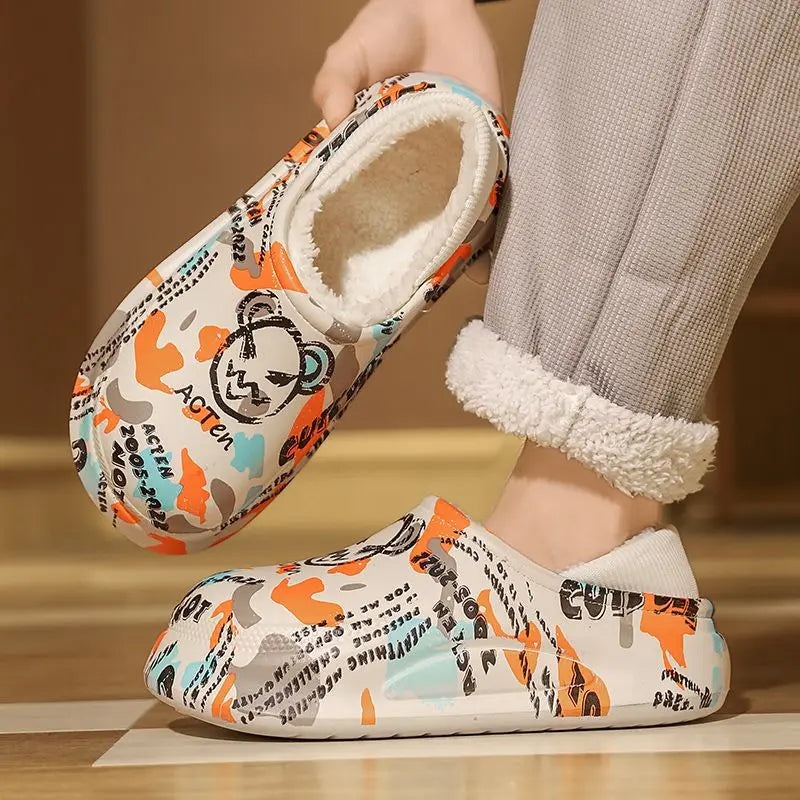 Winter Foot Slippers Men Women Outer Wear Velvet Thickened Warm Home Couple Anti-slip Waterproof Cotton Shoes