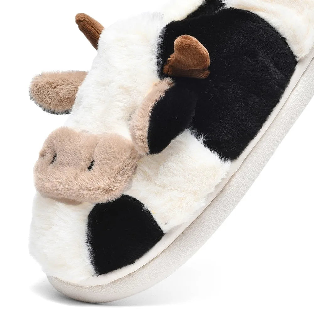 Winter Warm Plush Cow Face Slippers Non-Slip Soft Sole Home Fuzzy Footwear Cute Animal Themed Cozy Slippers Indoor Use Women/Men