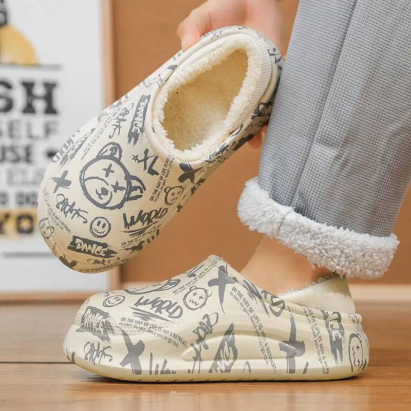 Winter Foot Slippers Men Women Outer Wear Velvet Thickened Warm Home Couple Anti-slip Waterproof Cotton Shoes