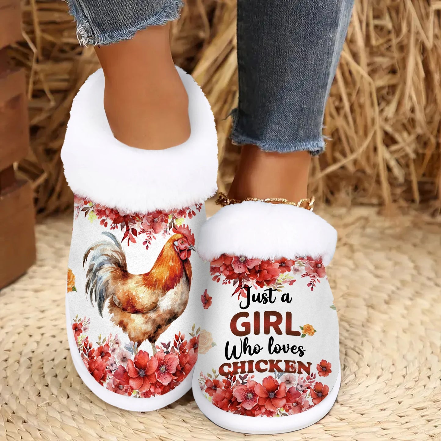 Cozy Chicken Lover Slippers for Women – Soft Fuzzy Indoor/Outdoor House Shoes with Non-Slip Rubber Sole