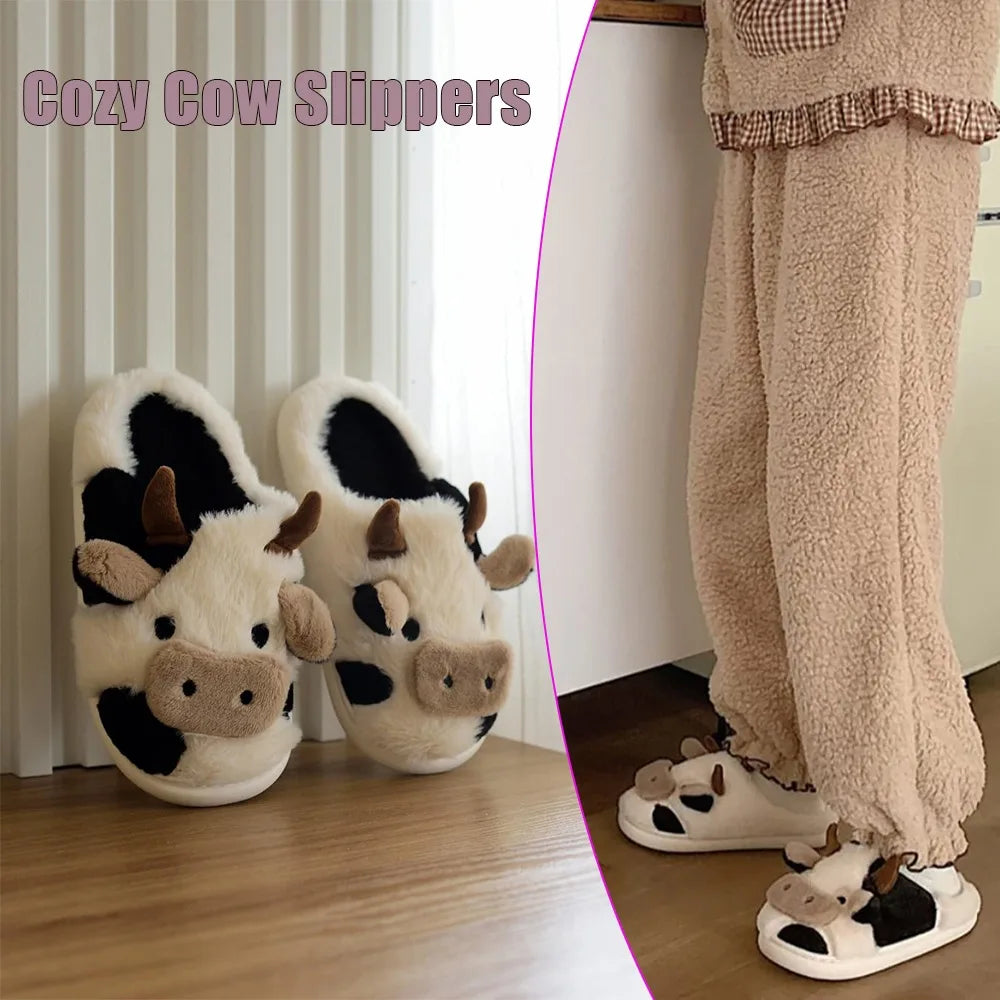 Winter Warm Plush Cow Face Slippers Non-Slip Soft Sole Home Fuzzy Footwear Cute Animal Themed Cozy Slippers Indoor Use Women/Men