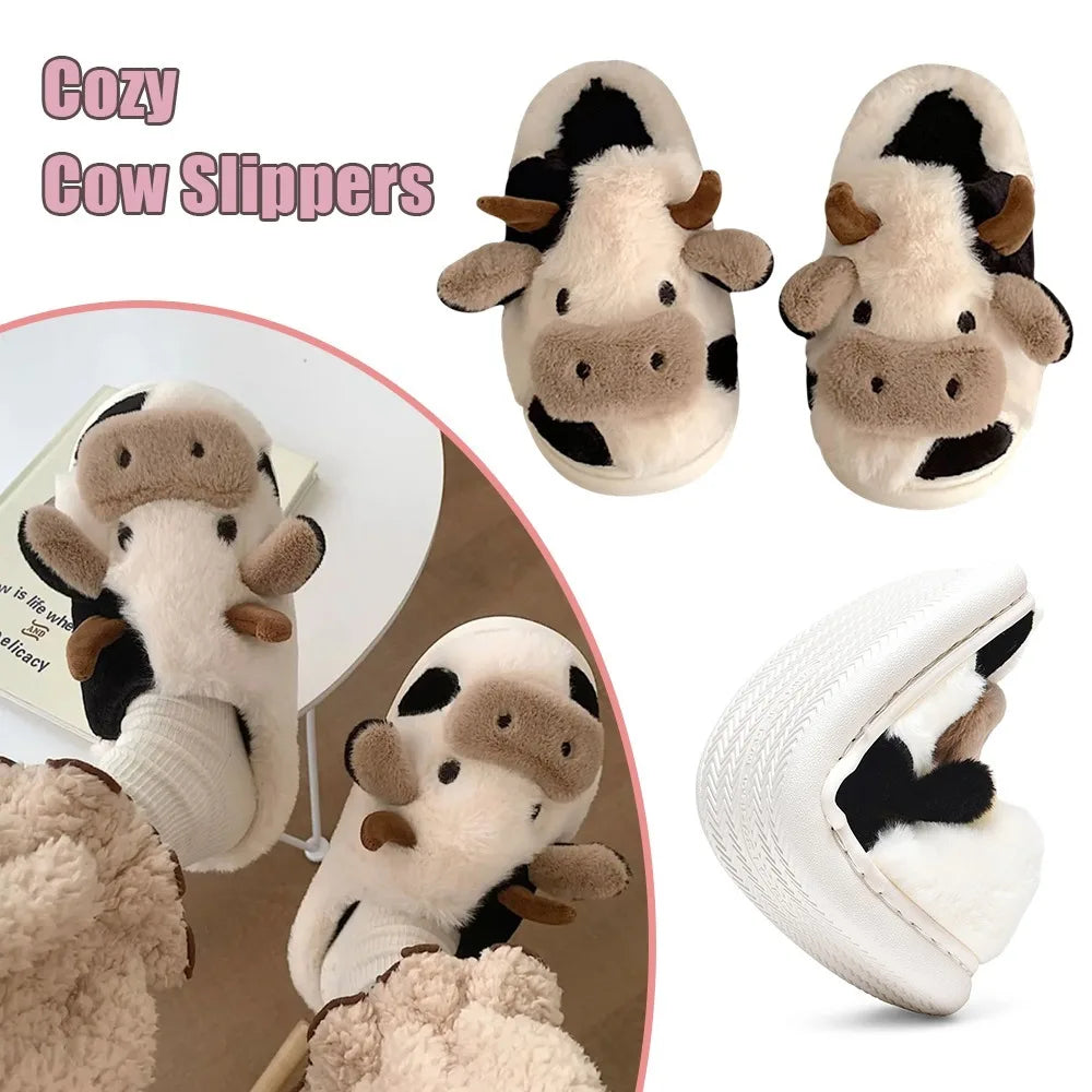 Winter Warm Plush Cow Face Slippers Non-Slip Soft Sole Home Fuzzy Footwear Cute Animal Themed Cozy Slippers Indoor Use Women/Men