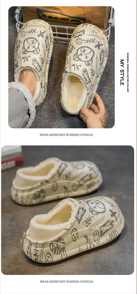 Winter Foot Slippers Men Women Outer Wear Velvet Thickened Warm Home Couple Anti-slip Waterproof Cotton Shoes