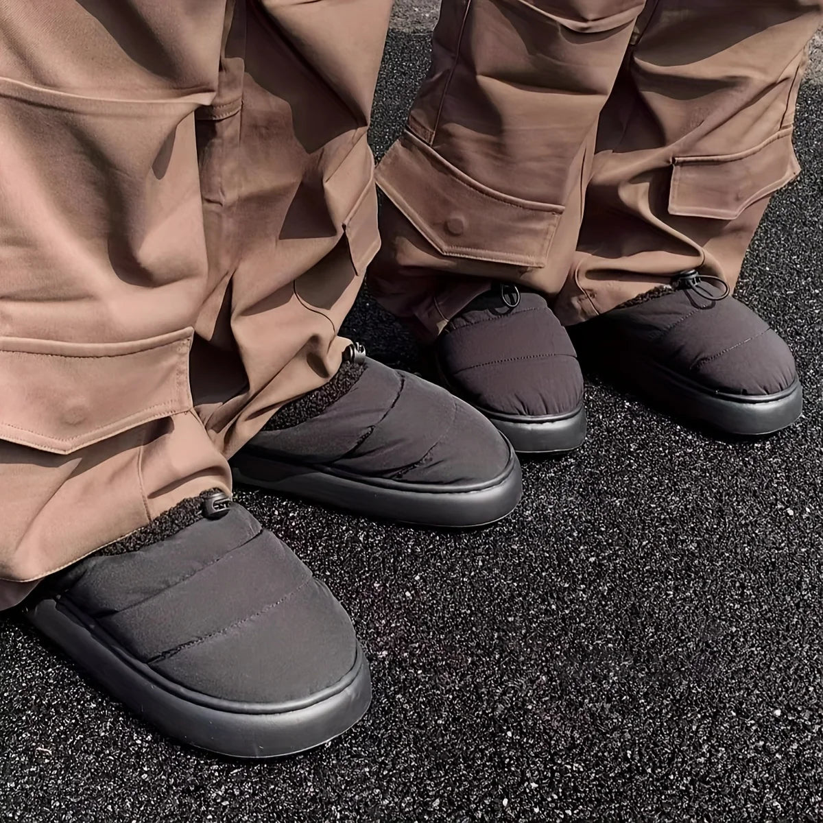 Cozy fuzzy winter slippers for women and men with soft EVA sole warm fabric lining indoor outdoor use casual style drawstring