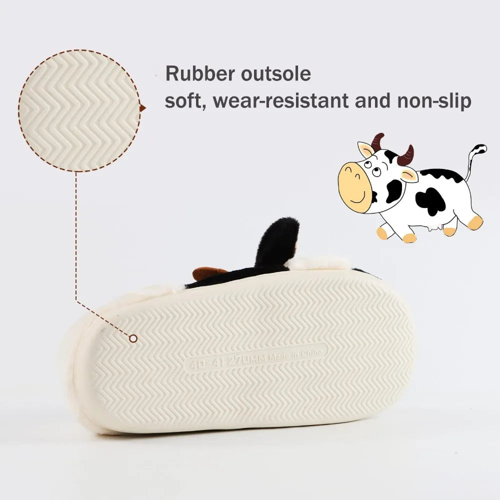 Winter Warm Plush Cow Face Slippers Non-Slip Soft Sole Home Fuzzy Footwear Cute Animal Themed Cozy Slippers Indoor Use Women/Men