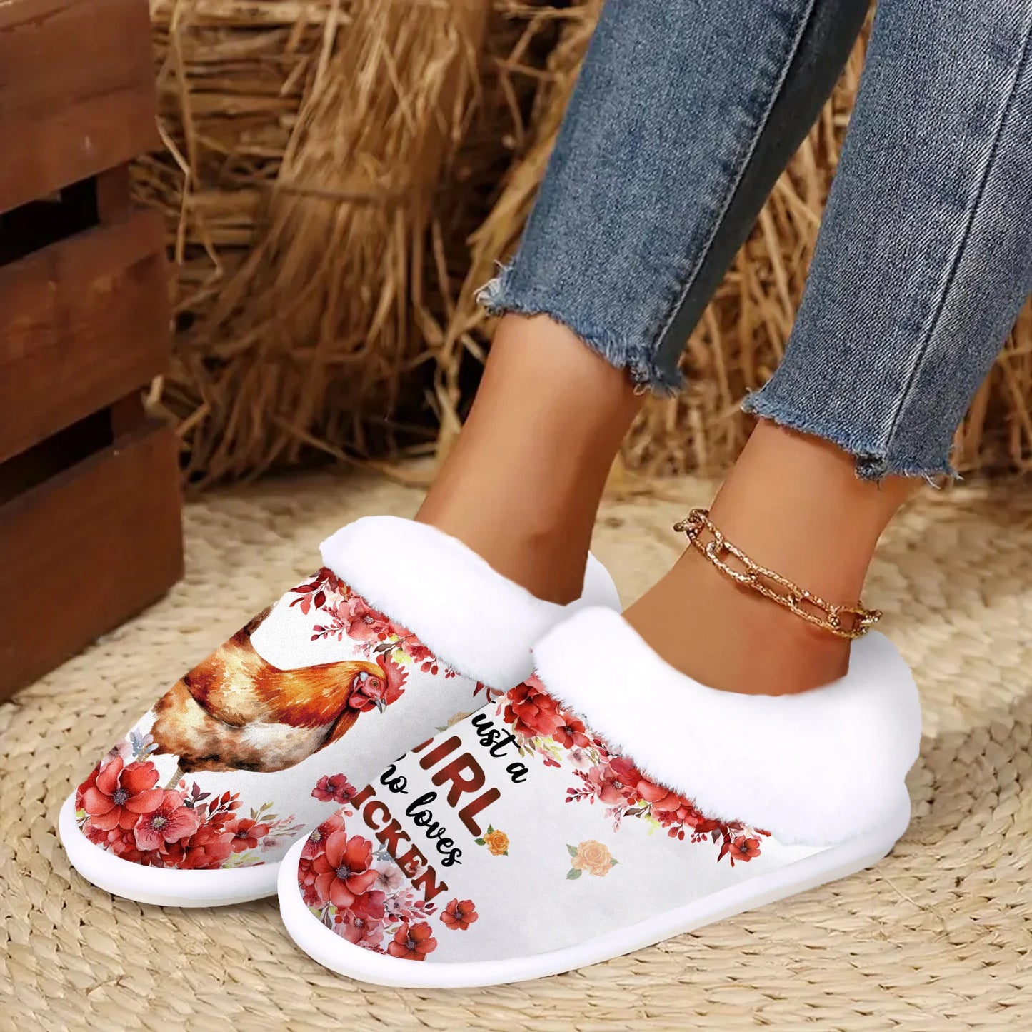 Cozy Chicken Lover Slippers for Women – Soft Fuzzy Indoor/Outdoor House Shoes with Non-Slip Rubber Sole