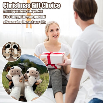 Winter Warm Plush Cow Face Slippers Non-Slip Soft Sole Home Fuzzy Footwear Cute Animal Themed Cozy Slippers Indoor Use Women/Men
