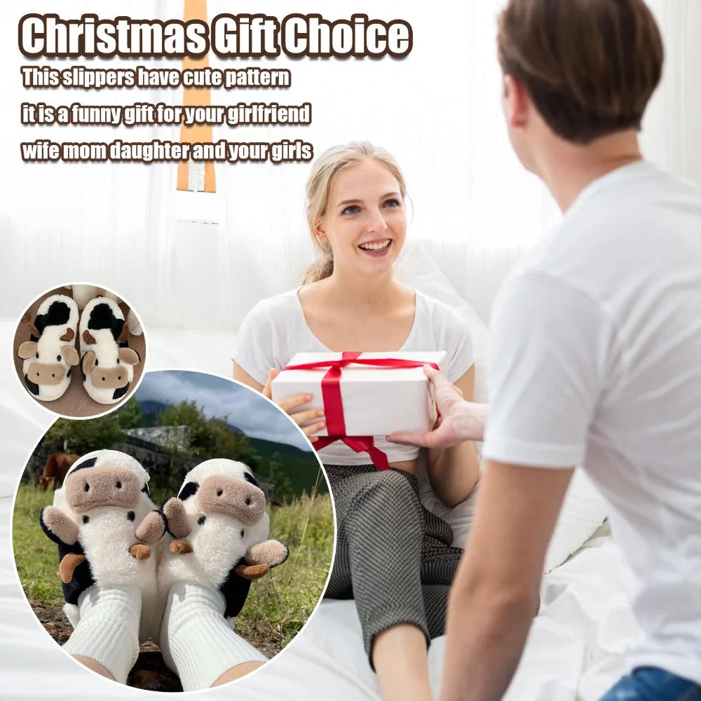 Winter Warm Plush Cow Face Slippers Non-Slip Soft Sole Home Fuzzy Footwear Cute Animal Themed Cozy Slippers Indoor Use Women/Men