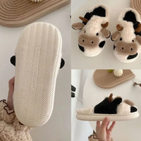 Winter Warm Plush Cow Face Slippers Non-Slip Soft Sole Home Fuzzy Footwear Cute Animal Themed Cozy Slippers Indoor Use Women/Men