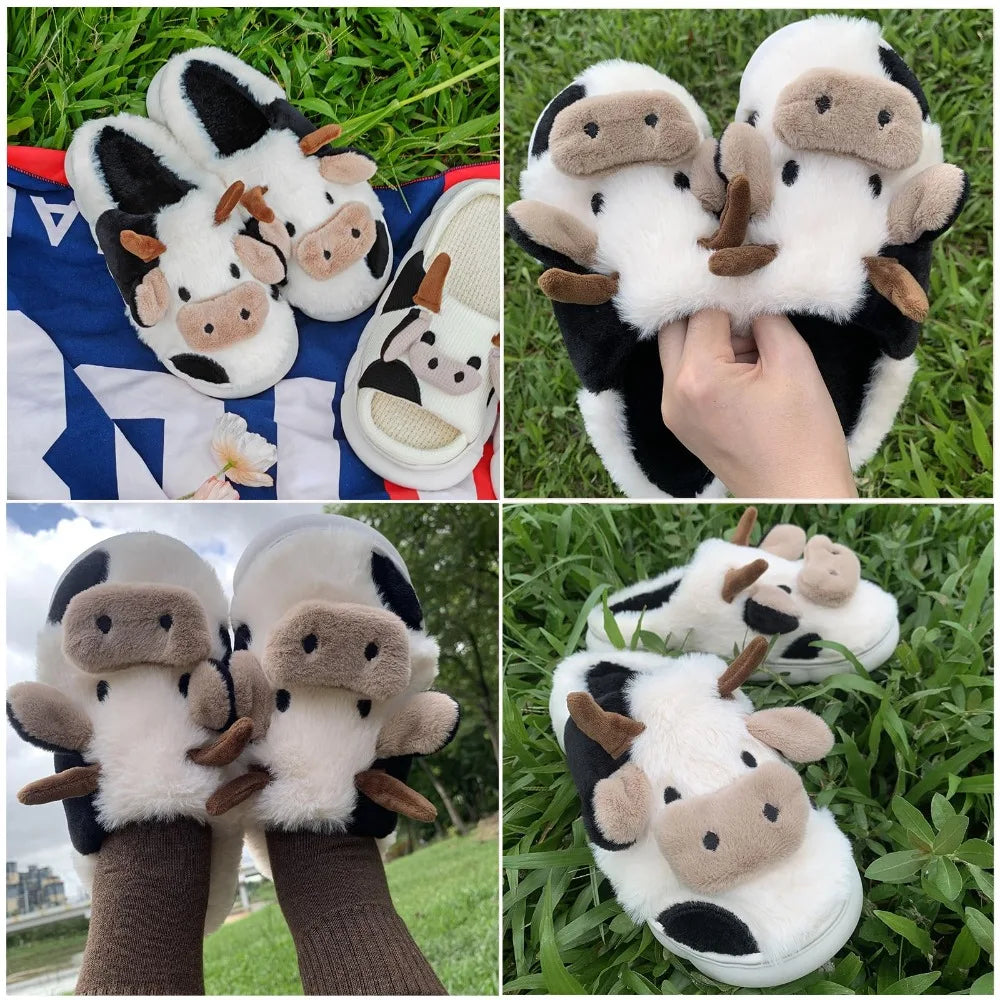 Winter Warm Plush Cow Face Slippers Non-Slip Soft Sole Home Fuzzy Footwear Cute Animal Themed Cozy Slippers Indoor Use Women/Men
