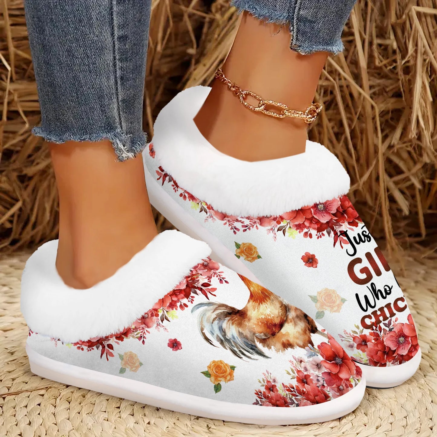 Cozy Chicken Lover Slippers for Women – Soft Fuzzy Indoor/Outdoor House Shoes with Non-Slip Rubber Sole