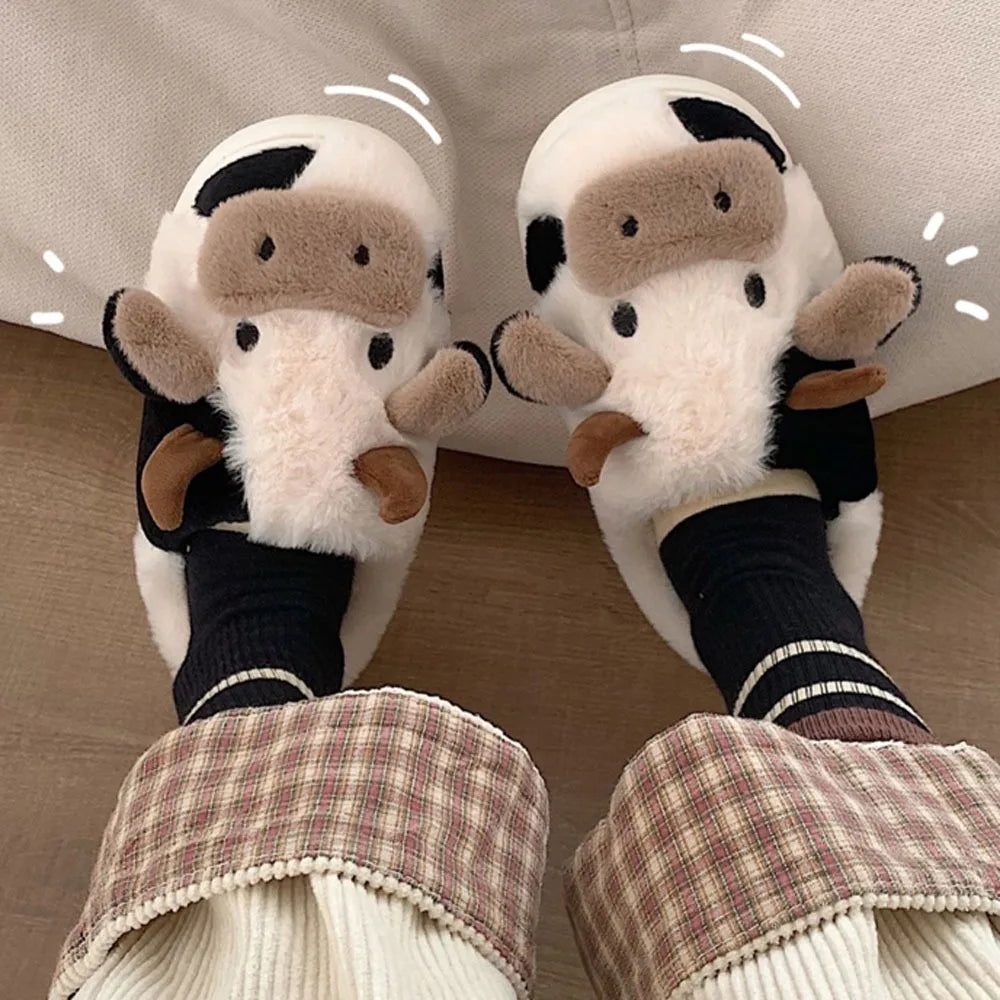 Winter Warm Plush Cow Face Slippers Non-Slip Soft Sole Home Fuzzy Footwear Cute Animal Themed Cozy Slippers Indoor Use Women/Men