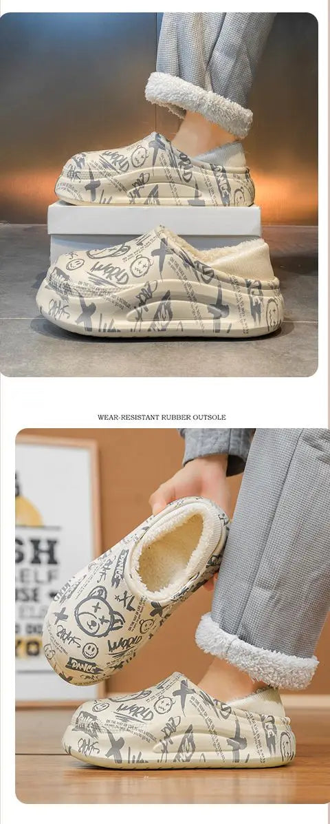 Winter Foot Slippers Men Women Outer Wear Velvet Thickened Warm Home Couple Anti-slip Waterproof Cotton Shoes